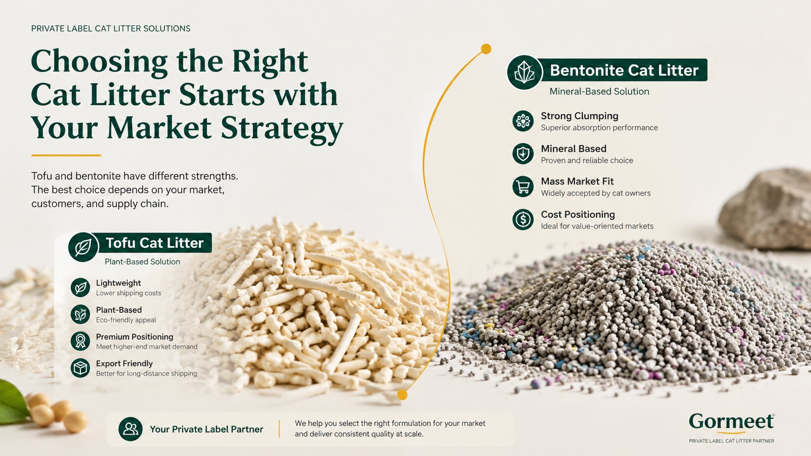 Tofu vs Bentonite Cat Litter — Visual comparison summary for private label brands